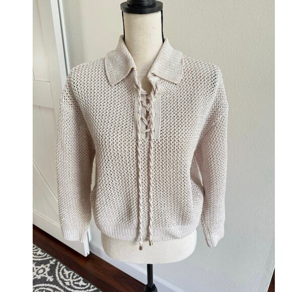 Joie Ivory Sequin Open Knit Lace-Up Collared Long Sleeve Pullover Sweater Medium - Picture 2 of 13